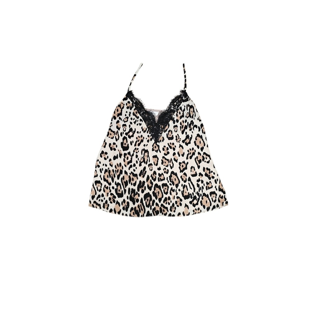 Socialite Leopard Print Lace Trim Camisole Top Small Tan Black Eyelash Lace